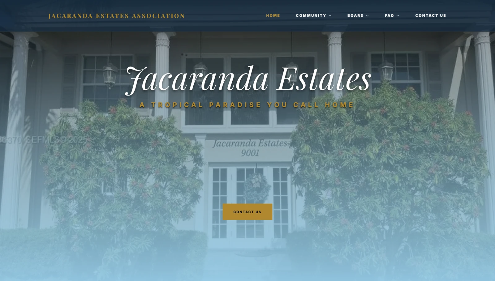 Jacaranda Estates Association website with community, board, FAQ and contact navigation
