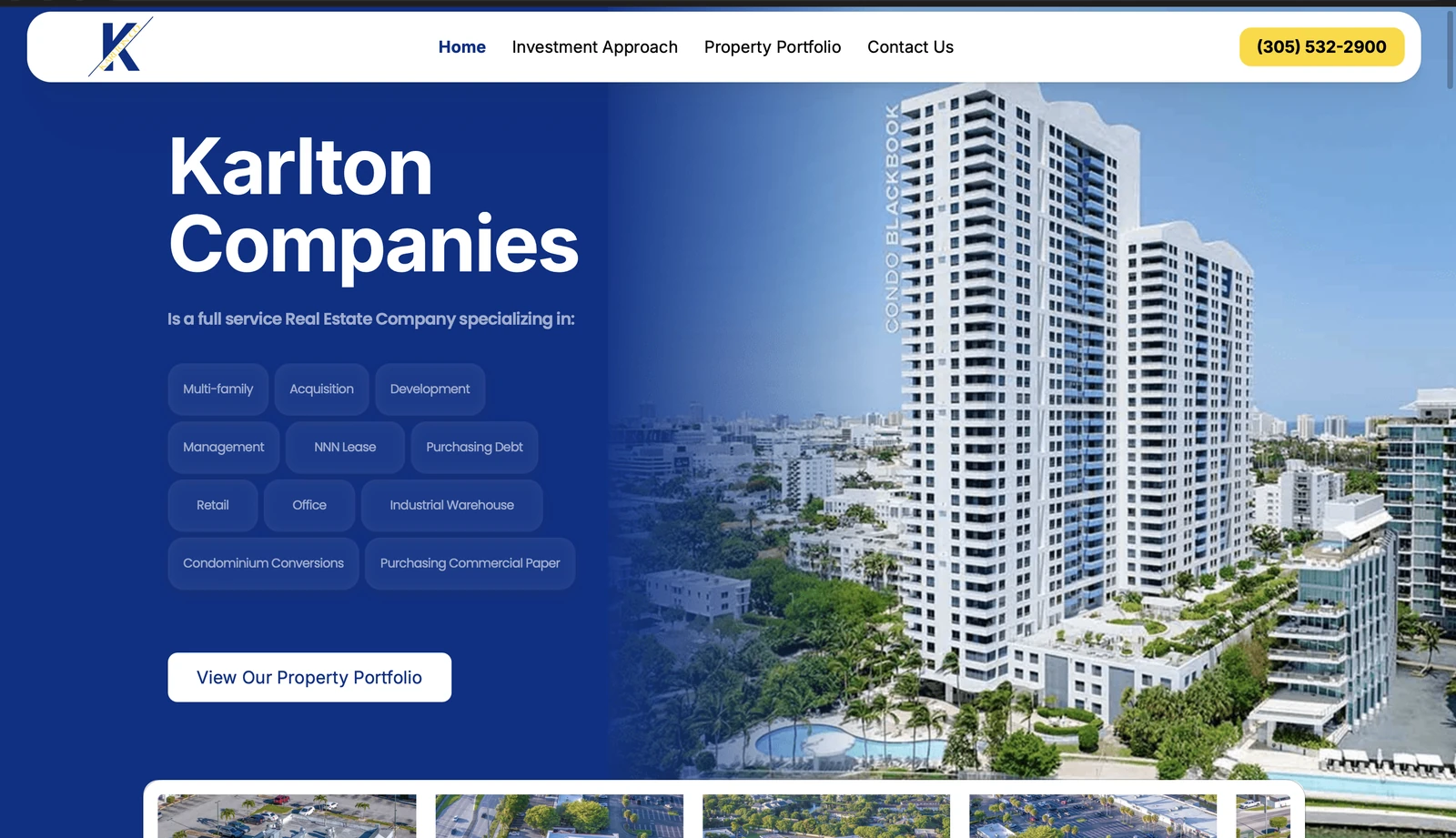 Karlton Companies real-estate website with a property image hero, investment approach and property portfolio