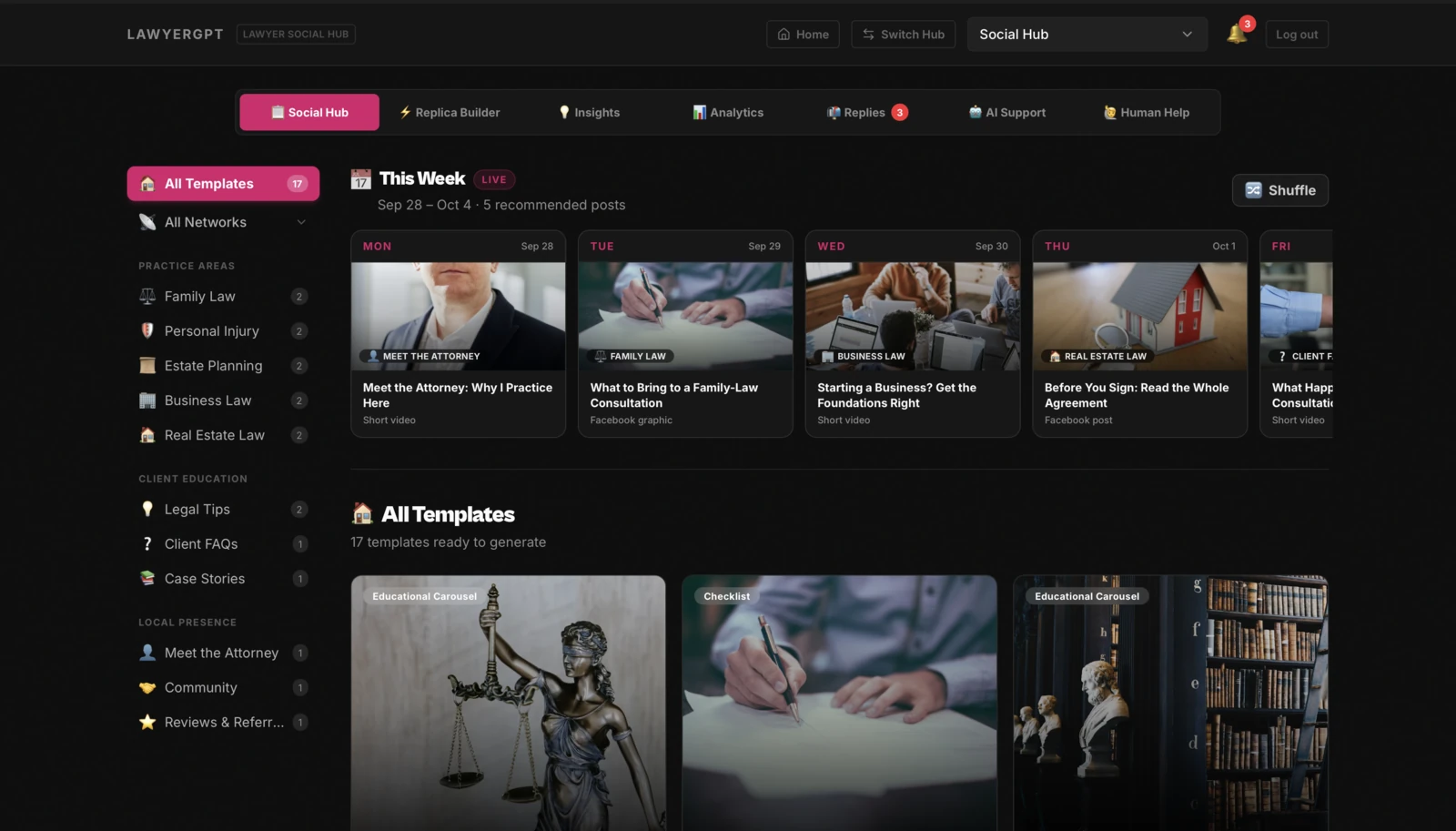 LawyerGPT Social Hub dashboard showing a weekly legal content calendar, social post templates, analytics and practice-area categories