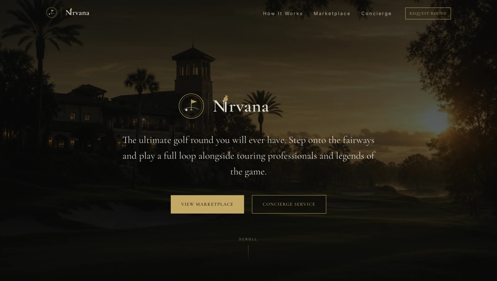 Nirvana Golf homepage featuring a sunset course, golf marketplace and concierge service